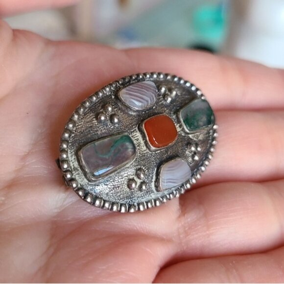 Vintage Sterling Silver Faux Agate Glass Stones Oval Brooch Pin Grandma Core - Picture 3 of 5